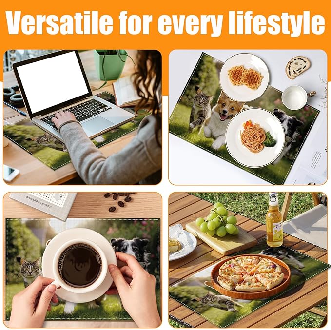 Cute Cat Dog Animal Placemats Set of 6,12 x 18 Inch Table Mats Washable Heat Resistant Linen Fabric Rectangle Place Mat for Party Home Kitchen Dining