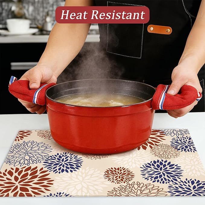 comfoyar Navy Blue Red Dahlia Placemats Set of 4, 12x18 Inch Non-Slip Linen Farmhouse Place Mats, Washable Absorbent Seasonal Table Mats for Kitchen Dining Party Table Decoration