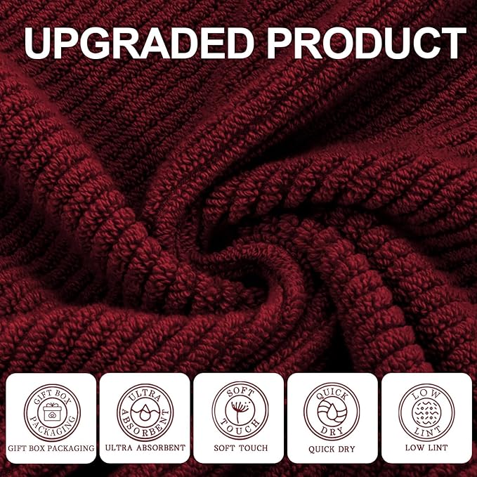 VOOVA & MOVAS 3 Piece Towel Set - 100% Cotton | Quick Dry | Soft | Thick,1 Large Bath 30" x 56", 1 Hand 18" x 28", 1 Wash Cloth 13" x 13", Towels for Bathroom, Bathroom Towels Gift, Burgundy