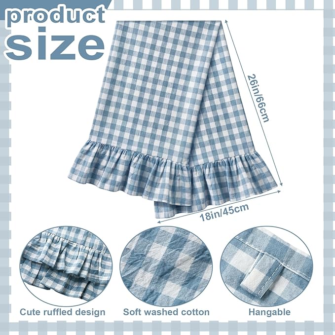 HunnmingRe Kitchen Towels Set of 2, 100% Cotton Ruffled Gingham Dish Towels 18"x28" Absorbent Tea Cloths Classic Plaid Pattern for Farmhouse Charm, Drying Dishes, Entertaining Guests(Blue)