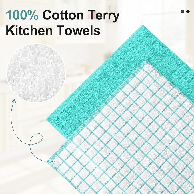 Homaxy Premium Cotton Kitchen Towels 16"x 28", Large Natural Ring Spun 390 GSM Dish Towels, Super Absorbent Terry Kitchen Hand Towels, Soft Tea Towels with Hanging Loop, Aqua Check Design, 8 Pack