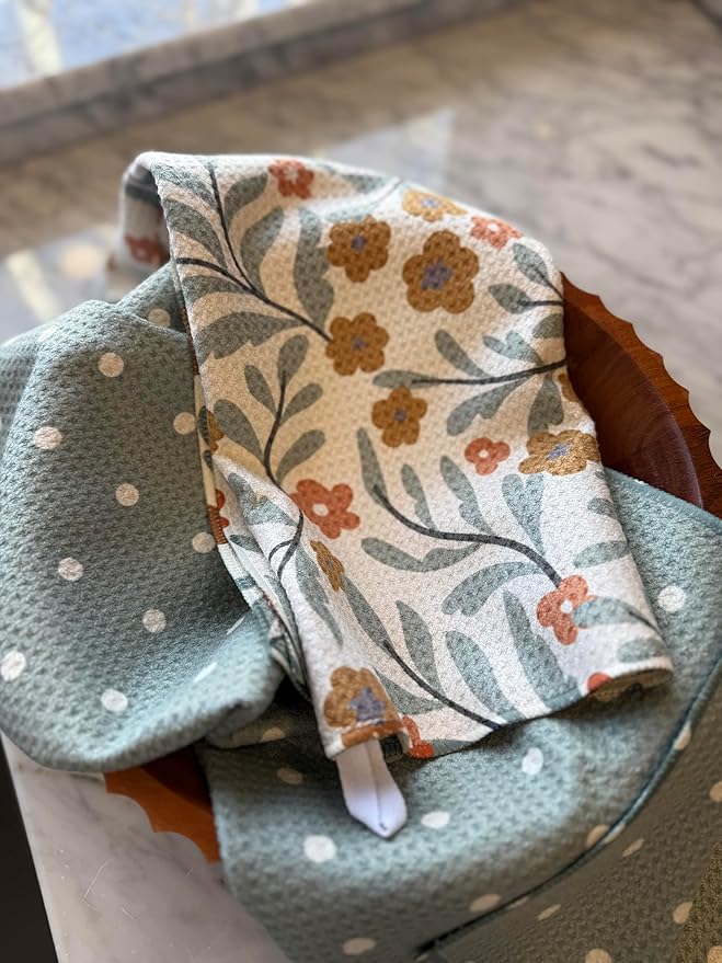 2 Pack || Double Sided|| Not Your Ordinary Kitchen Towels || Dish Towels || Quick Dry || Waffle Weave Microfiber || Designer Prints || Highly Absorbent || Hanging Hook (Green)