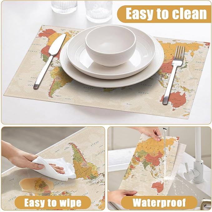 World Map Placemats Set of 6, Linen Place Mat Washable Stain Resistant Table Mats for Farmhouse Kitchen Dining Holiday Party Wedding Decor 12x18 Inch