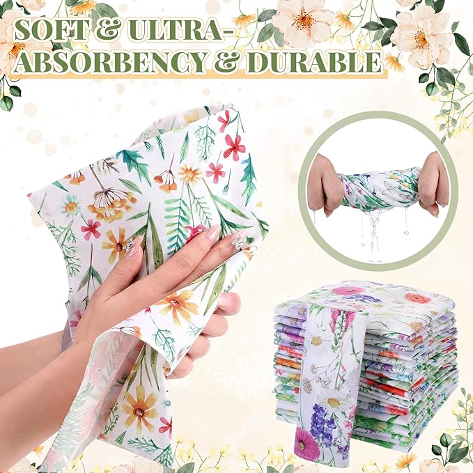 Nuogo 36 Sets Wildflowers Cloth Napkins 15" x 15" Floral Dinner Cloth Napkins Reusable Spring Floral Fabric Hand Towels for Wildflowers Spring Garden Baby Shower Party Table Decor