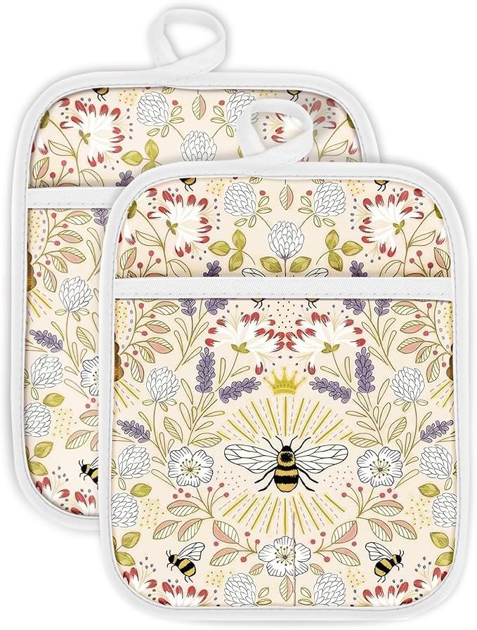 Swooflia 100% Cotton Pot Holders 2 Pack Set for Kitchen with Pockets - Cute 440°F Heat Resistant Oven Hot Pads Heavy Duty for Countertop Home Cooking Baking Microwave BBQ Bee