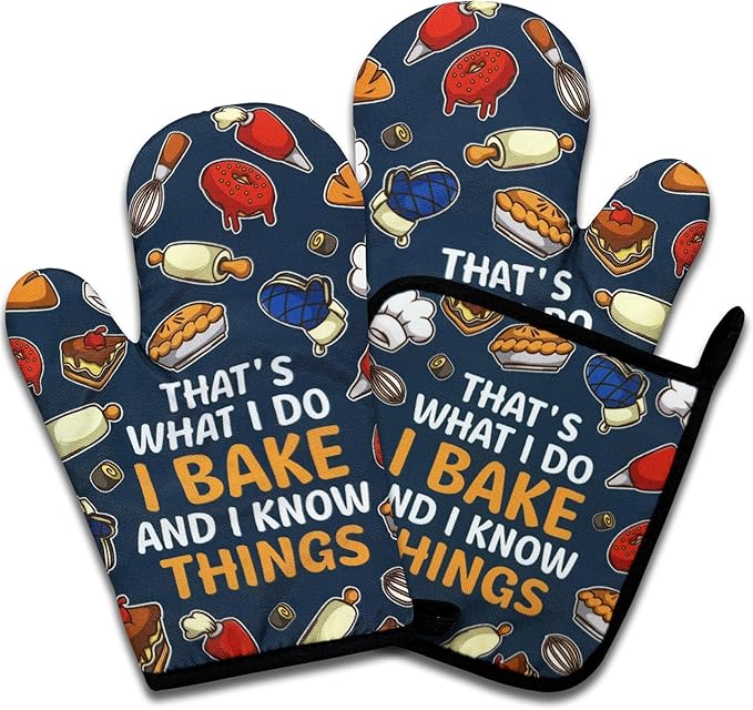 Funny Baking Oven Mitts and Pot Holders Set of 3, That's What I Do I Bake and I Know Things, Heat Resistant Non-Slip Kitchen Mitts Hot Pads, Christmas Baking Gifts for Women Mom Wife Baker