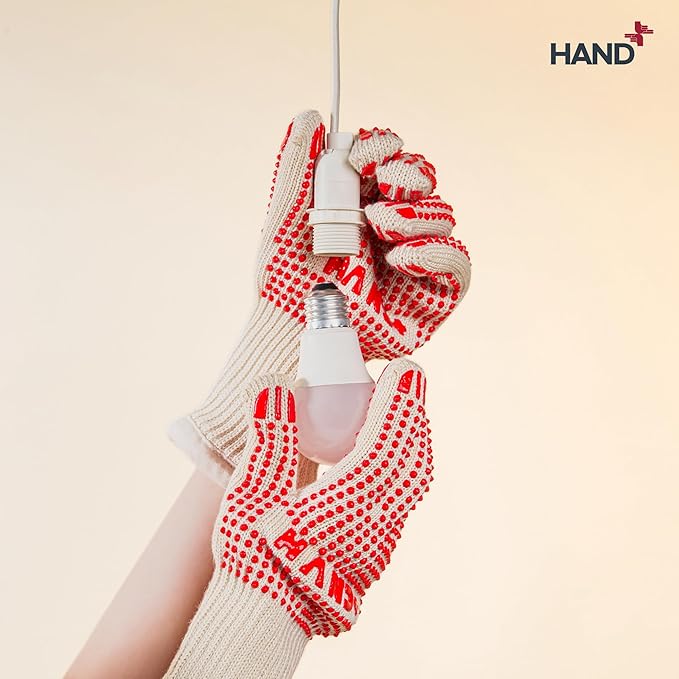 Hand+ Heat Resistant Oven Gloves (Size L/XL) 932°F / 500°C for BBQ Baking Cooking Smoker Fireplace Camping with Silicone Grip Thermo Dot Level 4 EN407 Certified