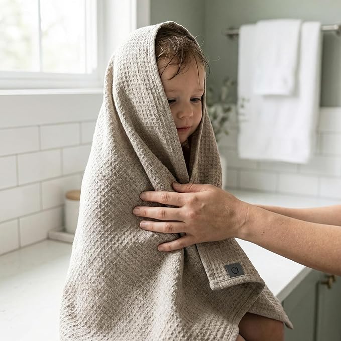 Pure Linen Small Bath Towels - Set of 2 pcs 20x40-inch Quick Dry Towels for Sensitive Skin - Thin Towels for Bathroom - Lightweight Waffle Weave Towel for Kids