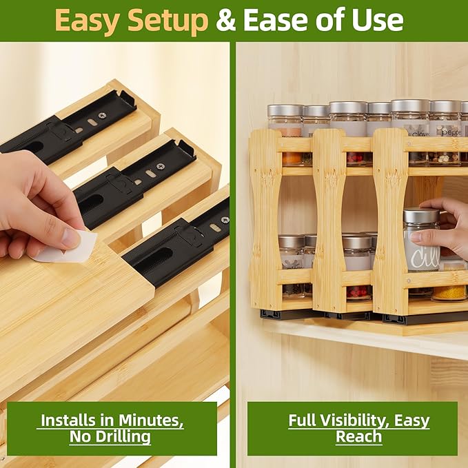 BAMEOS Pull Out Spice Rack Organizer for Cabinet, Bamboo Wide 7.7" Slide Out Seasoning Organizer for Kitchen, No Drill Anti-Tip Ball Bearing Silent Glides, Pantry Cabinet Organizer, Natural