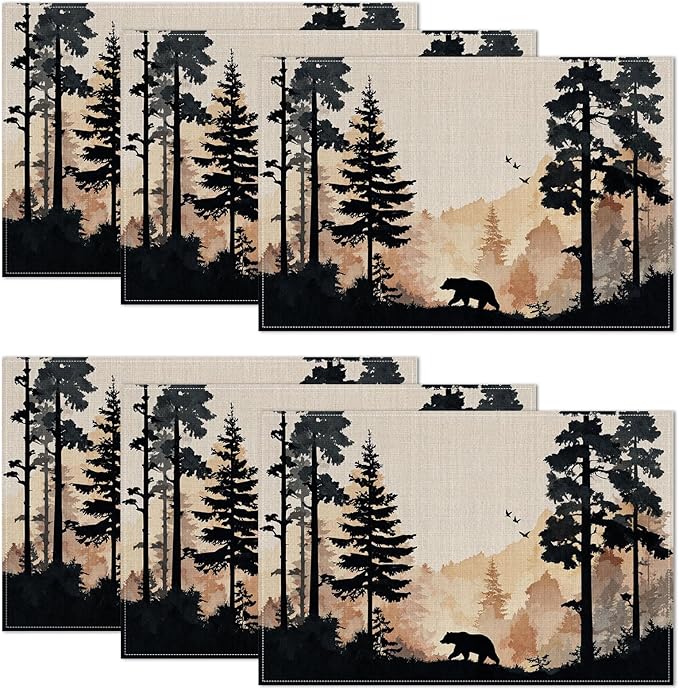 Rustic Bear Forest Placemats Set of 6,12 x 18 Inch Table Mats Washable Heat Resistant Linen Fabric Rectangle Place Mat for Party Home Kitchen Dining