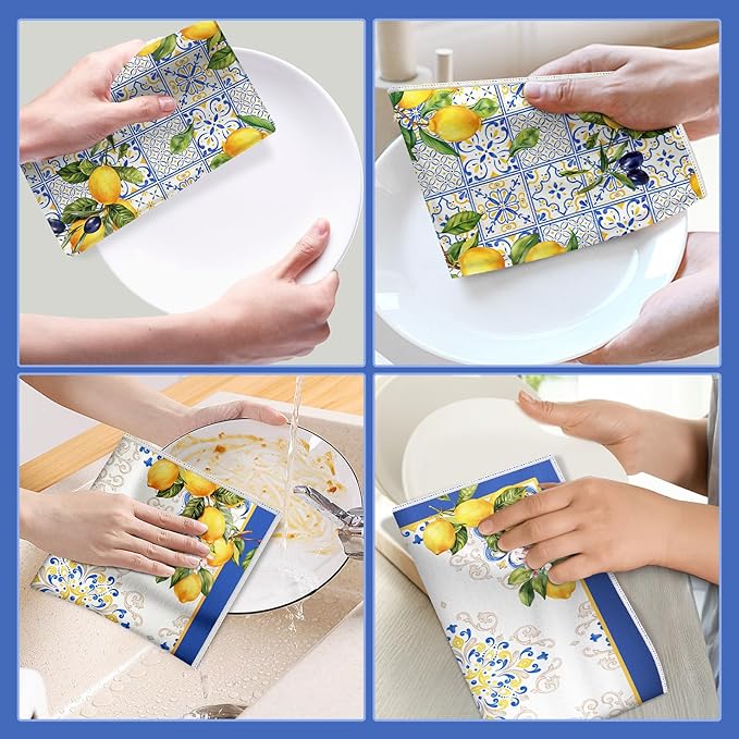 Lemon Floral Microfiber Kitchen Towels, Soft Absorbent Hand Towel 15.7 × 23.6 inch, Thick Dish Cloth for Party Anniversary Holiday Decoration, Housewarming Gifts for Mom