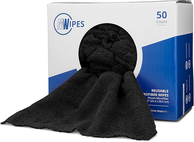 Black Microfiber Shop Towels | MWipes Reusable Shop Rags | 50 Rags in a Box | Super Absorbent, Machine Washable Hundreds of Times | Automotive, Paint, Industrial, Detailing