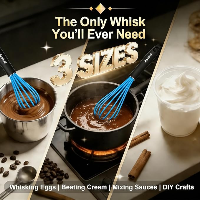 Anaeat Silicone Balloon Whisk, Perfect for Non-Stick Cookware, Milk and Egg Beater Blender, Heat Resistant Kitchen Whisks for Whisking, Cooking, Baking, Beating, Frothing & Stirring (Blue)