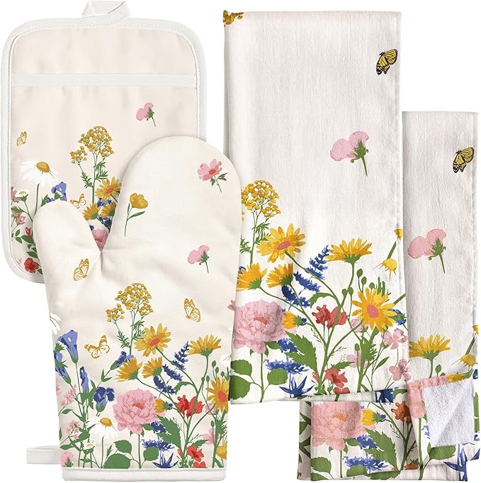 Miss Adola 270 GSM Cotton Kitchen Towels, Oven Mitt and Pot Holder - 4 Pack Kitchen Decor and Accessories Set Spring Cute Farmhouse Quilted Lining Heat Resistant Set with Hanging Loop, Retro Flower