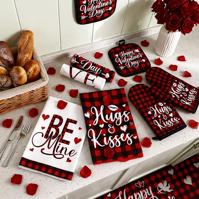 VitalCozy 10 Pcs Valentine's Day Buffalo Plaid Kitchen Decor Set Oven Mitts and Pot Holders Heart Kitchen Towels and Rugs for Chef Baking Cooking Grilling BBQ Gift