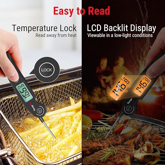 ThermoPro TP605 Instant Read Meat Thermometer for Cooking, Waterproof Digital Food Thermometer with Large Backlit LCD, 180° Foldaway Probe Kitchen Thermometer for Grilling, Smoking & Candy Making