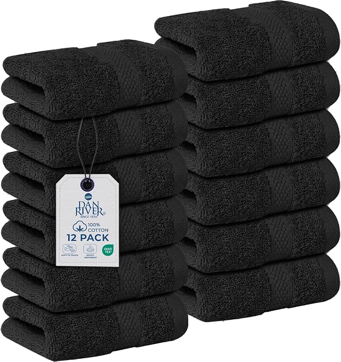 DAN RIVER 12-Pack Premium 100% Cotton Black Face Towels for Bathroom - Reusable Face Wash Cloths for Showering 12x12 Inches - 550 GSM Super Soft & Absorbent Luxury WashCloths for Body, Spa & Gym