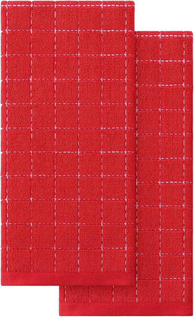 Homaxy 100% Cotton Terry Kitchen Towels(Red, 13 x 28 inches), Checkered Designed, Soft and Super Absorbent Dish Towels, 2 Pack