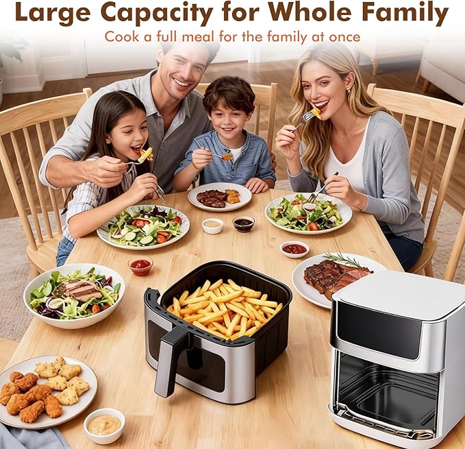 OLIXIS 6.34QT Air Fryer with Window, 8 Food Presets with 400°F Max Heat, 90-Min Timer, Nonstick Dishwasher-Safe Basket for Air Fry, Roast, Reheat, Bake, Stainless Steel, White