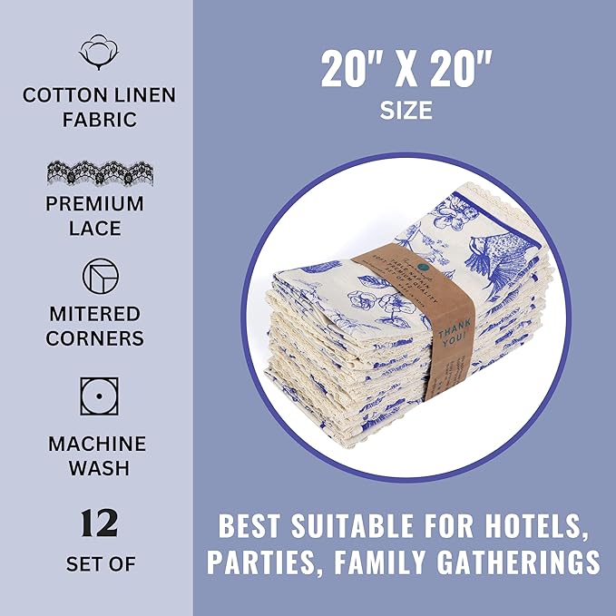 FINGERCRAFT Dinner Cloth Napkins Cotton Blend Set of 12 Premium Quality Mitered Corner with Natural Lace for Home Restaurant Wedding Christmas Napkins Cloth 20 inch Toile Print with Lace