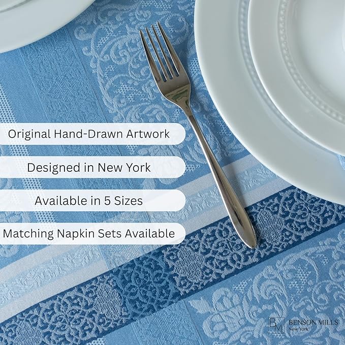 Benson Mills Ravenna Yarn Dyed Jacquard Heavyweight Fabric Table Cloth, Everyday, Parties, Weddings, Holiday, Spring, Summer, and Easter Tablecloth (70" Round, Blue)