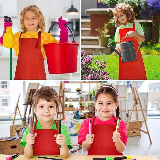 PLULON 6 Pcs Kids Aprons with 2 Pockets Painting Aprons for Kids Aprons Bulk, Paint Apron Adjustable Children Chef Aprons for Girls Boys Painting Baking Cooking Crafting - Red