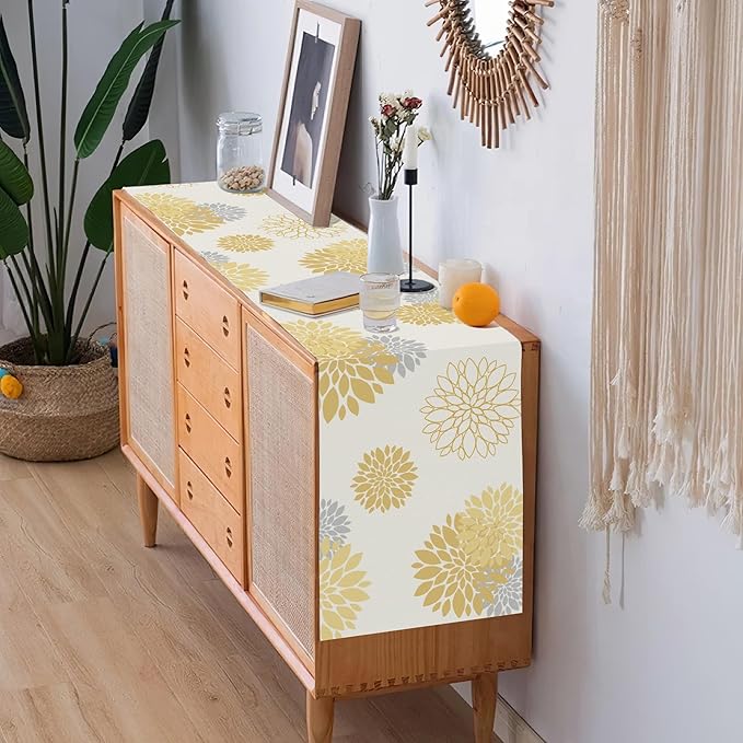 Yellow Gray Table Runner Dahlia Pinnata Flower Beige Table Runners Modern Elegant Pompon Farmhouse Geometric Table Center Decor for Girls Room Dining Party Patio (13 x 90 Inch)