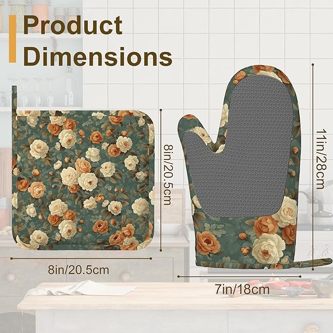 Vintage Rose Flower Oven Mitts and Pot Holders Set of 4,Retro Floral Kitchen Glove Heat Resistant Oven Mitts with Non-Slip Silicone for Baking, Cooking, BBQ