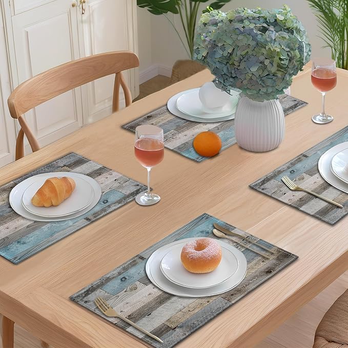 Grey Teal Placemats Farmhouse Blue Rustic Place Mats Vintage Country Style Decorative Table Mats Set of 4 - Linen Heat Resistant Wipeable Washable Dining Table Kitchen Placemats 12x18Inch