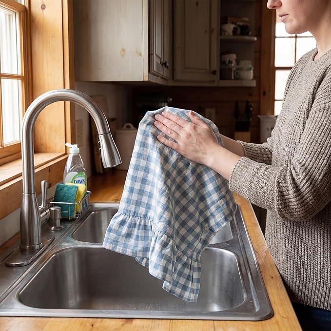 HunnmingRe Kitchen Towels Set of 2, 100% Cotton Ruffled Gingham Dish Towels 18"x28" Absorbent Tea Cloths Classic Plaid Pattern for Farmhouse Charm, Drying Dishes, Entertaining Guests(Blue)
