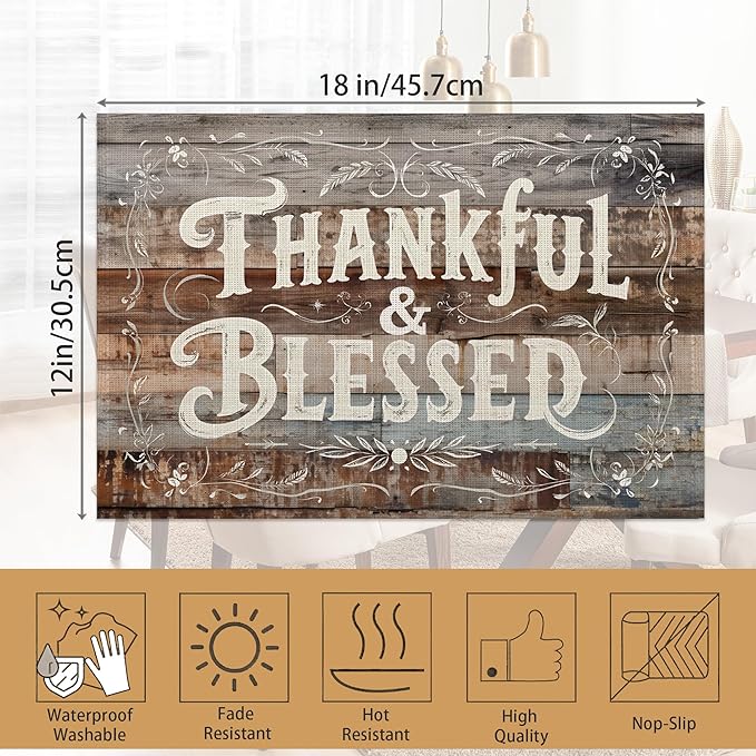 Thankful Blessed Placemats Set of 6,Vintage Wood Board Placemats Washable Kitchen Dining Linen Table Mats Stain Heat-Resistant for Home Party Indoor 12x18 inch