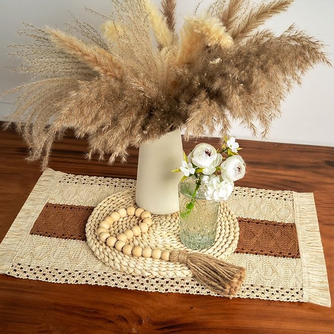 FEXIA Boho Placemats Set of 6, Macrame Table Decor and Farmhouse Style Placemats Natural Cotton Burlap, for Dining Table, Caramel