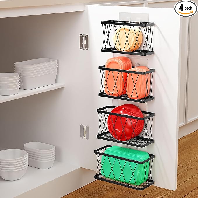 BasicForm 4 Pack Metal Kitchen Inside Cabinet Door Organizer, Adhesive Lid Organizers Cabinet Door Storage for Tupperware Lid, Storage Holder Basket for Kitchen Wall Mounted (Black)