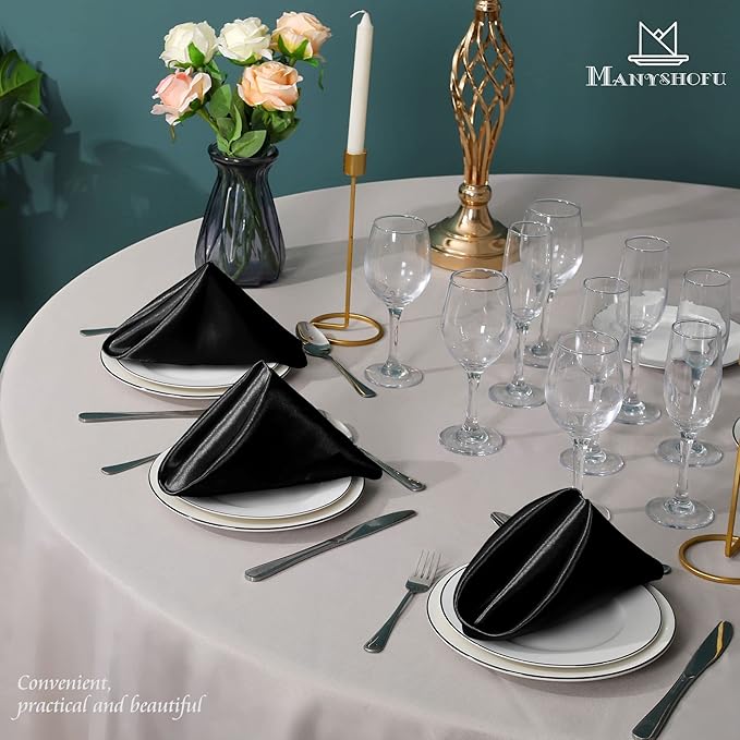 Manyshofu 60 Black Satin Napkins - 20x20 Inches Square Satin Fabric Napkins Set - Elegant Reusable Table Napkins for Wedding Dinner Party Lunch Banquet Restaurant Decoration