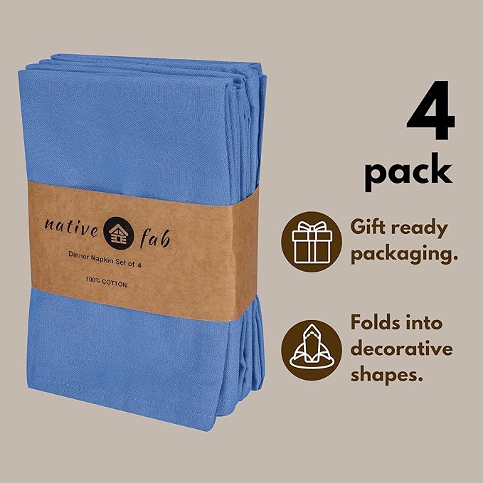 Native Fab Solid Cloth Napkin Set of 4, 100% Cotton, Washable, Reusable Dinner Cloth Napkin 17x17 inches, Table Decor Napkins for Dinner, Events, Sky Blue