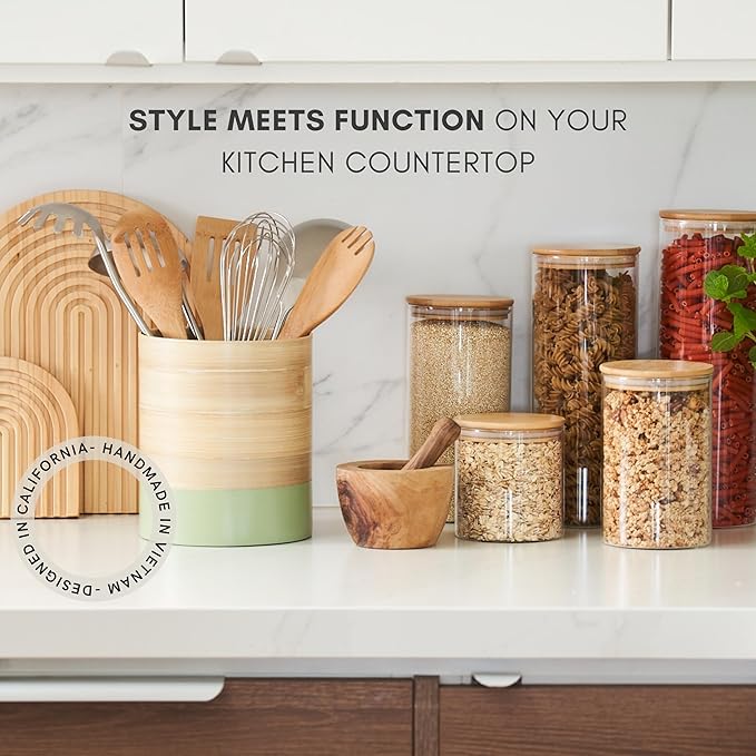 Handcrafted Bamboo Kitchen Utensil Organizer for Countertop, Modern Large Utensil Holder