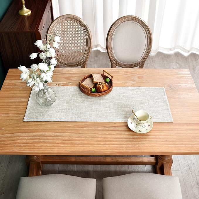 Farmhouse Rustic Faux Linen Table Runner Neutral Beige Table Runners Double Layer Reversible Rectangle Runners for Daily Use Kitchen Dining Banquet Holiday 13x36 Inch