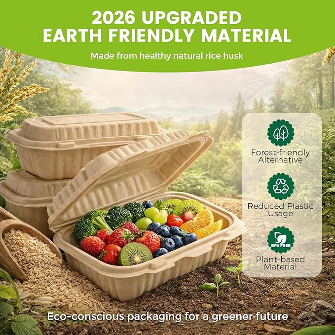Clamshell Take Out Food Containers,50 Pack-16oz Disposable Meal Prep Containers Durable To Go Containers for Pasta Salad Snacks Taco Chinese Food Restaurants Made of Natural Rice Husk 7.3"X5.7"X2.2"