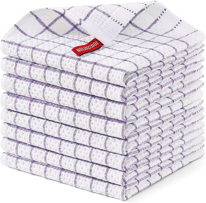 Homaxy 100% Cotton Dish Cloths, 8 Pack-12 X 12 Inches, Check Design Waffle Weave Dish Rags for Washing Dishes, Ultra Absorbent and Fast Drying Dishcloths, Purple