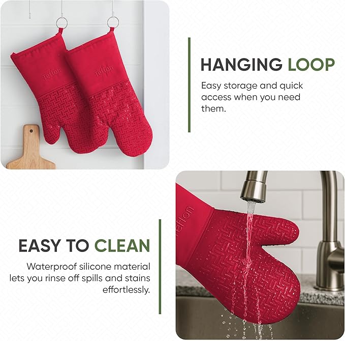 Xlnt Extra Long Oven Mitts (Red) | Teflon EcoElite Water Repellent | Heat Resistant for Oven Cooking, Grill & BBQ | Non Slip Gloves with Teflon EcoElite Finish, Cotton Lining & Hanging Loop