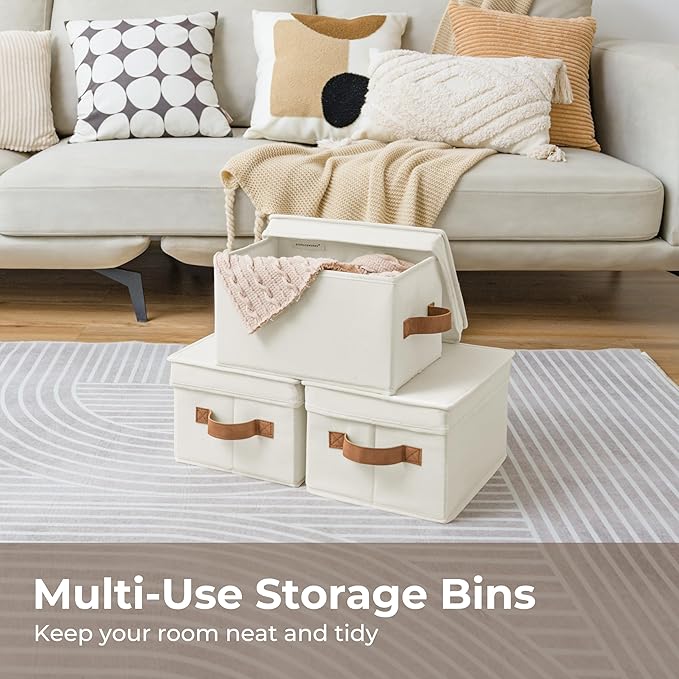 StorageWorks Storage Bins with Lids, Decorative Storage Boxes with Lid and PU Handles, Foldable Storage Baskets for Closet, Shelves, Stackable, Ivory, Medium, 3-Pack