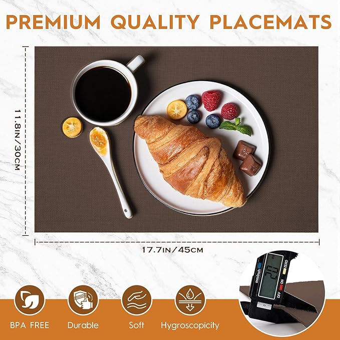 Placemats Set of 6 Linen Type Fabric Cloth Placemats, 18x12 Inch Double Layered Thick Wrinkle Free Heat Resistant Table Place, for Dining, Kitchen, Party (45 * 30cm, Dark Brown)