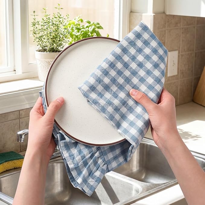 HunnmingRe Kitchen Towels Set of 2, 100% Cotton Ruffled Gingham Dish Towels 18"x28" Absorbent Tea Cloths Classic Plaid Pattern for Farmhouse Charm, Drying Dishes, Entertaining Guests(Blue)