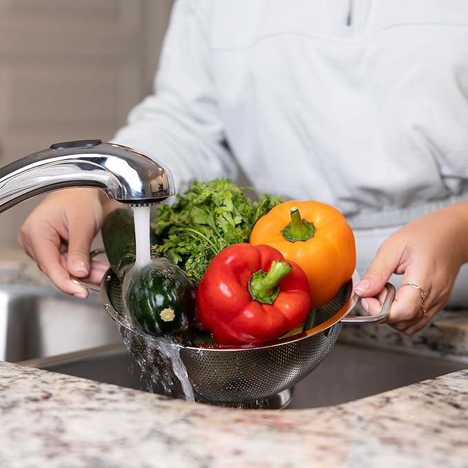 Fox Run Large Stainless Steel Colander, 3 Quart Pasta Strainer With Handles, 8.9” x 11.1” x 4”