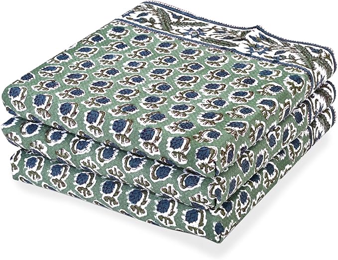 Ridhi Basil Green Hand Block Print Waffle Kitchen Towel Set of 3-16 x28 Ultra Absorbent Quick Dry 100% Cotton Dish Towels Lightweight Reusable Sustainable Tea Towels for Cleaning and Drying