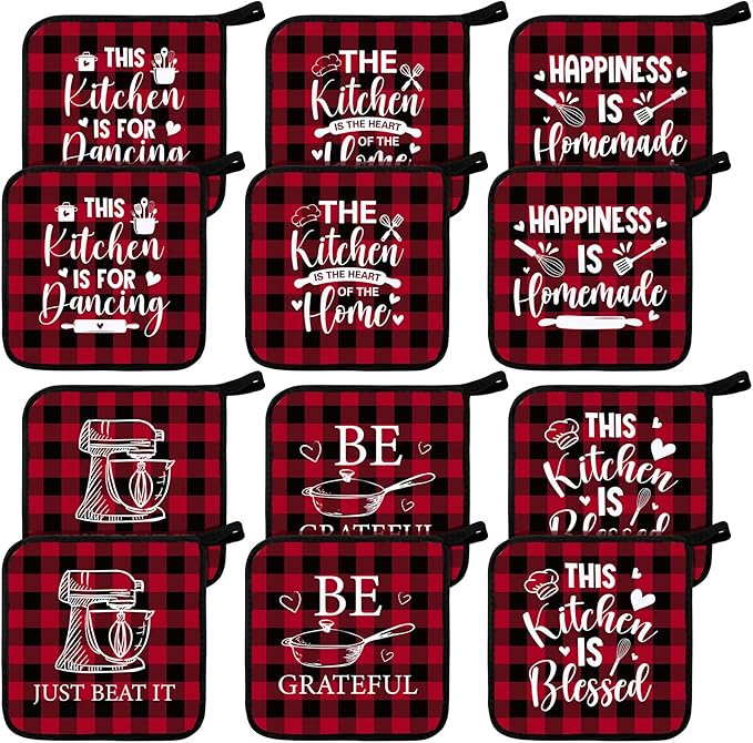Bencailor 12 Pcs Pot Holders with Pocket Kitchen Hot Potholders Hot Pad Oven Mitts Cookie Bag Oven Gloves for Kitchen Gift Baking Cooking (Red and Black,Cooking Tool)