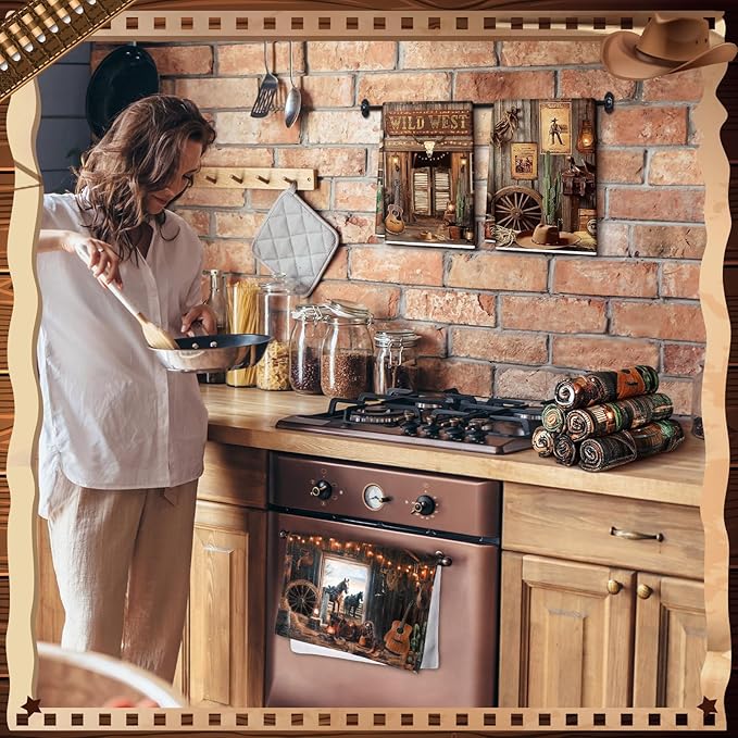 Breling 6 Pcs Western Cowboy Scene Kitchen Towel Wooden House Barn Vintage Themed Dish Towel Bathroom Decorative Rustic Cloths for Kitchen Bathroom Home Housewarming Gift 14 x 21 Inch