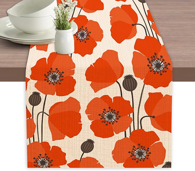 Table Runner Vintage Poppy Flower Table Runners Summer Seasonal Kitchen Dinning Decor for Indoor Outdoor Holiday Home Wedding Party 13x70 Inch