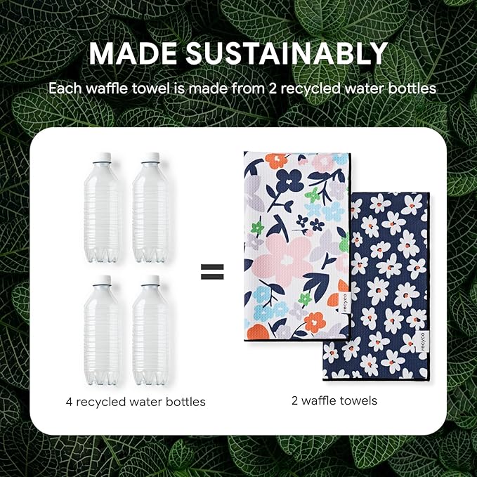RECYCO Waffle Kitchen Towel Set of 2 - Quick Dry Microfiber Sustainable Dish Towels - Ultra Absorbent Reusable Cleaning Tea Towels - Lightweight Hand Towels,16”x 28”, Whimsy Petals