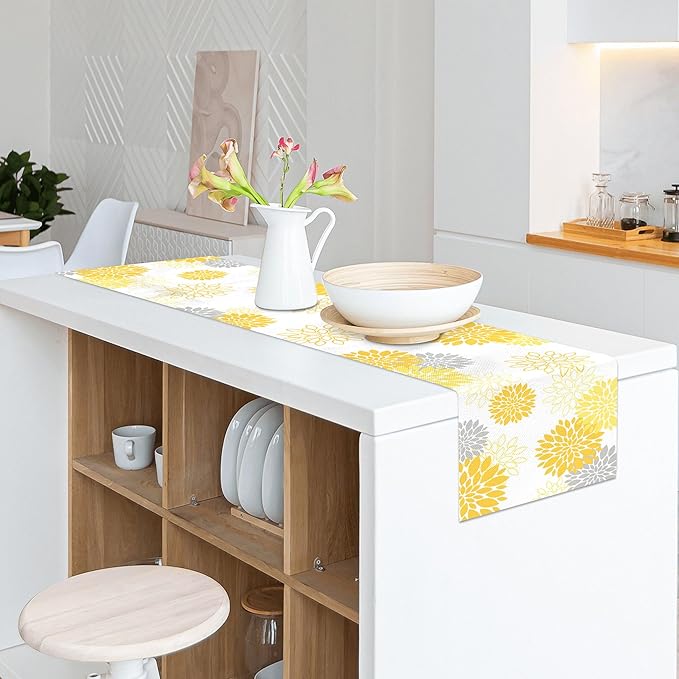 Dahlia Flower Table Runner 13x90 Inch Farmhouse Yellow Gray Runners Modern Table Decorations Rustic Geometric Coffee Table Runner for Home Kitchen Dining Room Party (13"x90", Dahlia Floral-Yellow)